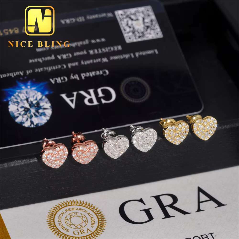 Classic Hip Hop Jewelry Heart Shape Iced Out Ear Studs 925 Sterling Silver VVS Moissanite Stud Earring for Women