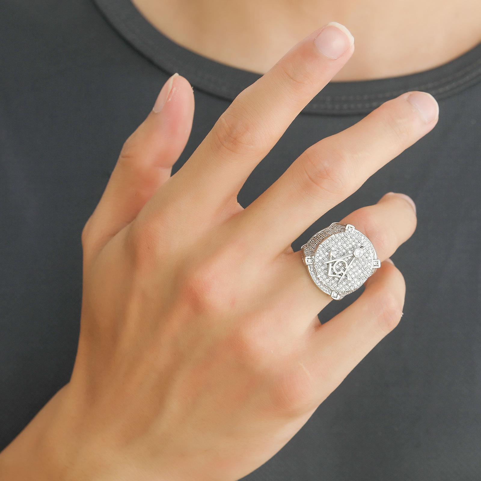 Luxury Moissanite AG Freemasonry Ring Solid Gold Diamond Set Creative Individual Hip Hop Couple's Rings Pass the diamond tester