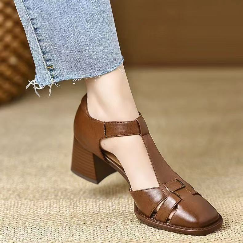 Women's leather narrow band braided t-strap sandals 4cm thick med heel round toe cage casual female summer shoes woman d152