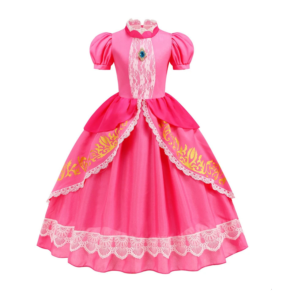 Pumber Bros Video Game Movie Cosplay Girl Peach Dress up Lace Ball Gown Princess Costume Kid Cute Halloween Clothing Dress 2-10Y 250624CJ