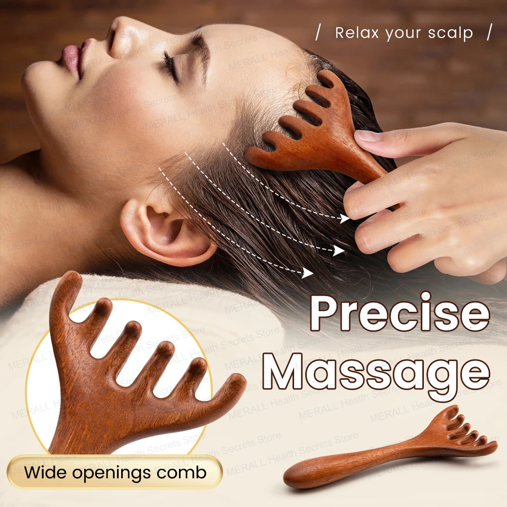 Natural Golden Sandalwood Meridian Massage Comb Anti-Static 6-Claw Head Massager Gua Sha Head Massage Promote Blood Circulation 250625