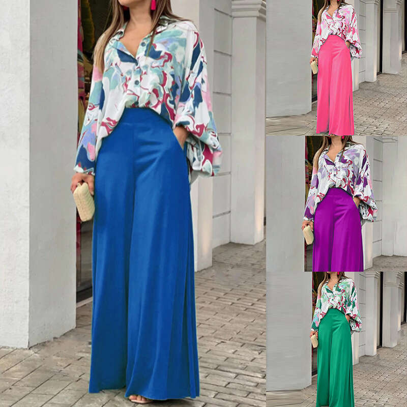 Women Clothing Spring Suit Loose Elegant Casual Print Shirt Blouse Wide Leg Pants Fashion Sets Female B5