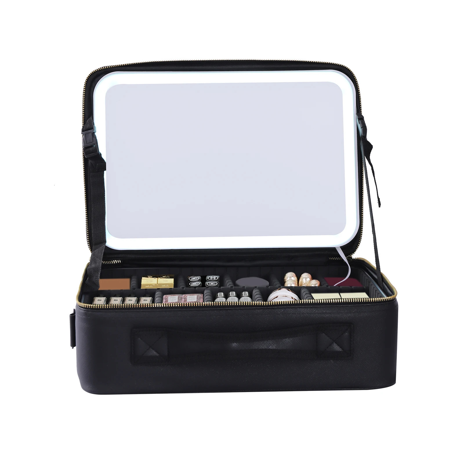 Black/Pink Large Smart LED Cosmetic Case with Mirror - Portable Travel Makeup Bag 250625