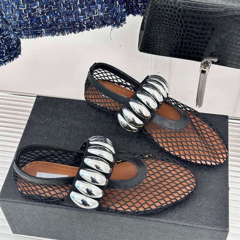 Metal Buckle Mesh Mary Jane for Women 2024 Summer New Fashionable Flat Comfortable Ballet Dance Shoes