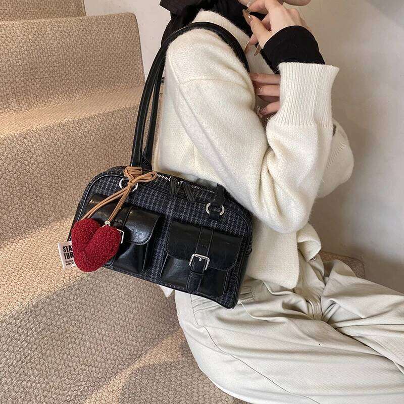 Ladies Plaid Brown Handbag Leather Splicing Women Tote Multi Pocket Commuter Underarm Purse Vintage Locomotive Shoulder Bag