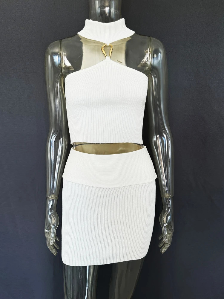 Summer White Sexy Cut Out Knitted Skirts Two Piece Set Cropped Tank Tops and Mini Holidays Party Dress Sets 2025 250614