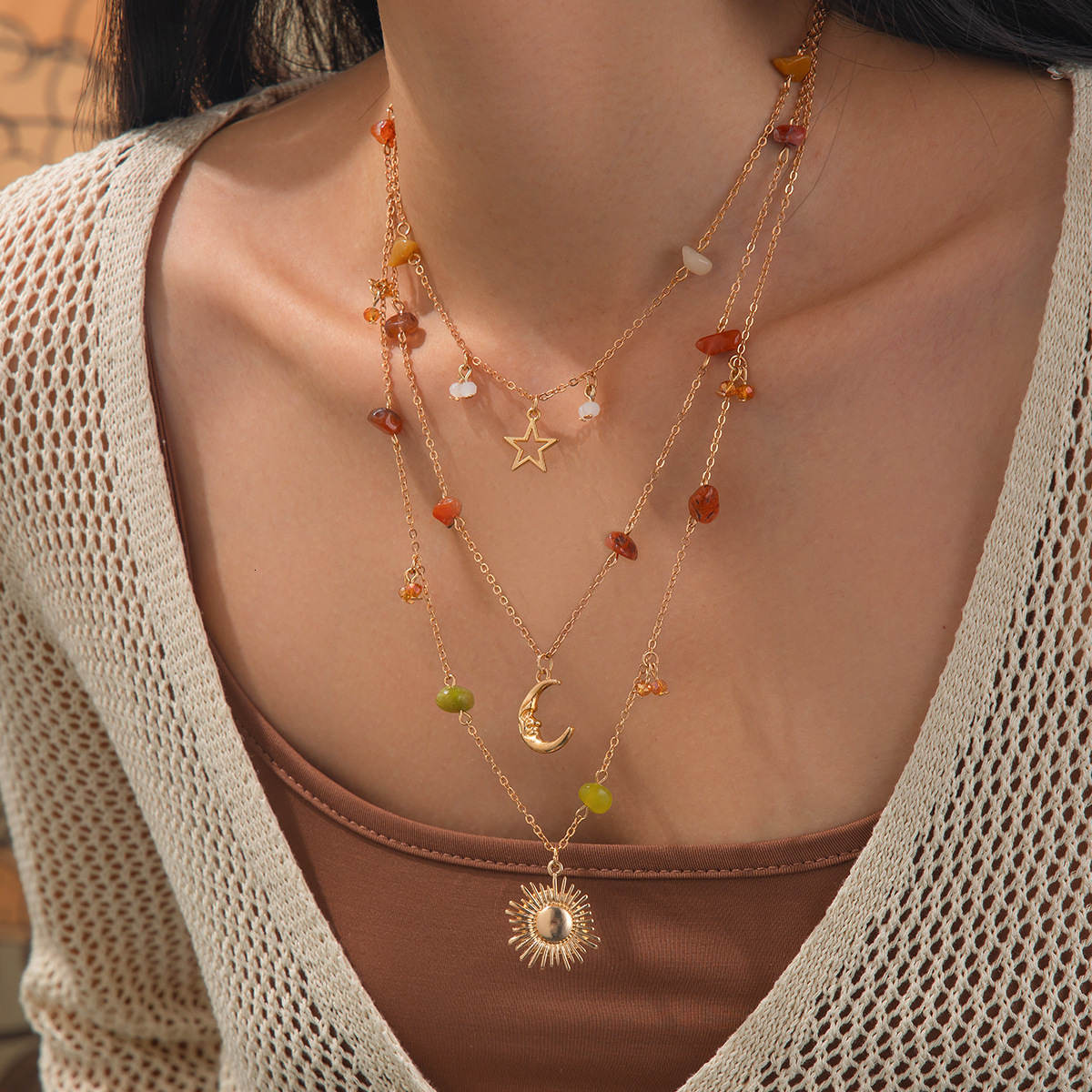 Fashion Irregular Stone for Women, Multi-layer Sun Pendant Tassel Layered Necklace with Design Sense