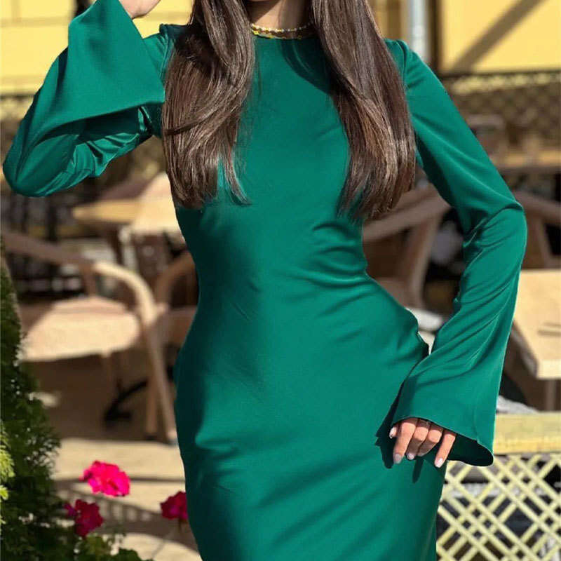 Autumn New Women's Fashion Elegant Solid Color Long Sleeve Round Neck Waist-Cinching Bodycon French Dress B5