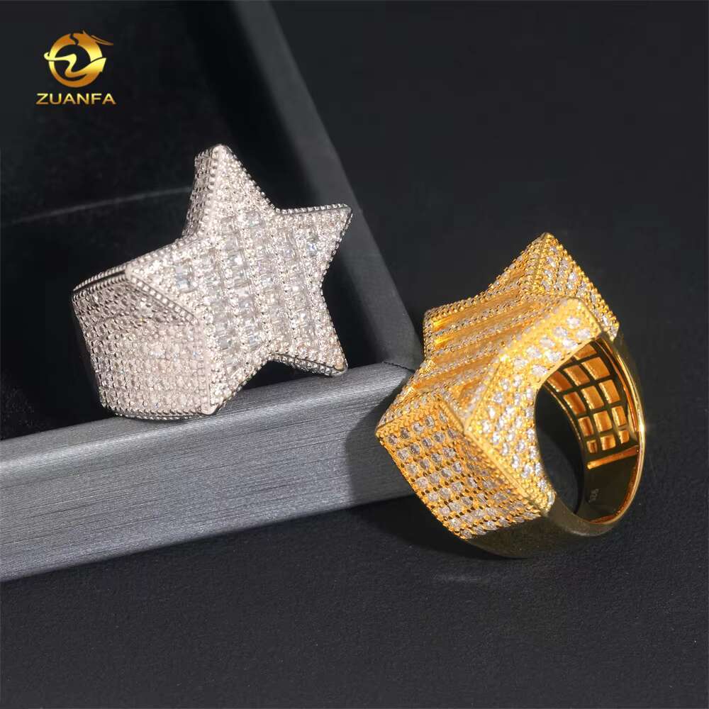 Luxury Fine Jewelry 925 Sterling Silver VVS Baguette Moissanite Diamond Men Rings Hiphop Bling Iced Out Star Ring