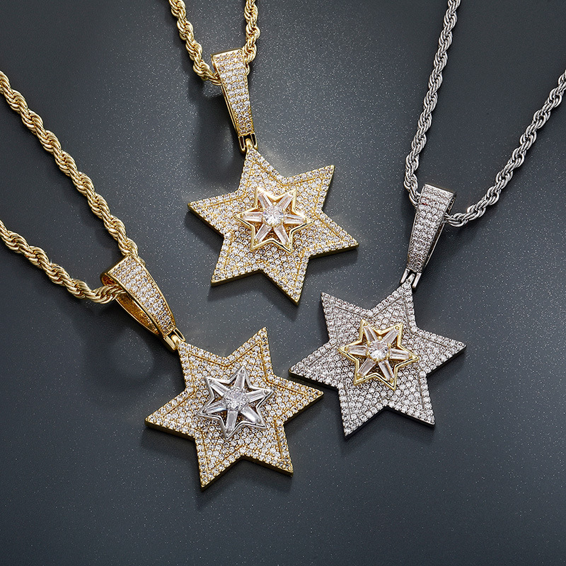 New In 14k Gold Hip Hop Diamond Rotating Hexagonal Star Pendant Necklace Full Bling Cubic Zirconia Trendy Streetwear Jewelry Gifts For Men And Women C