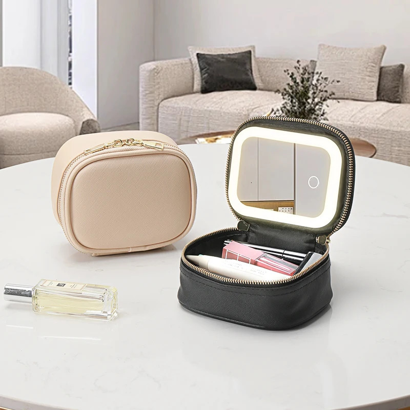 1 PC PU leather Makeup Bag - Portable travel odorless jewelry and makeup storage bag with led lights and detachable mirror 250625