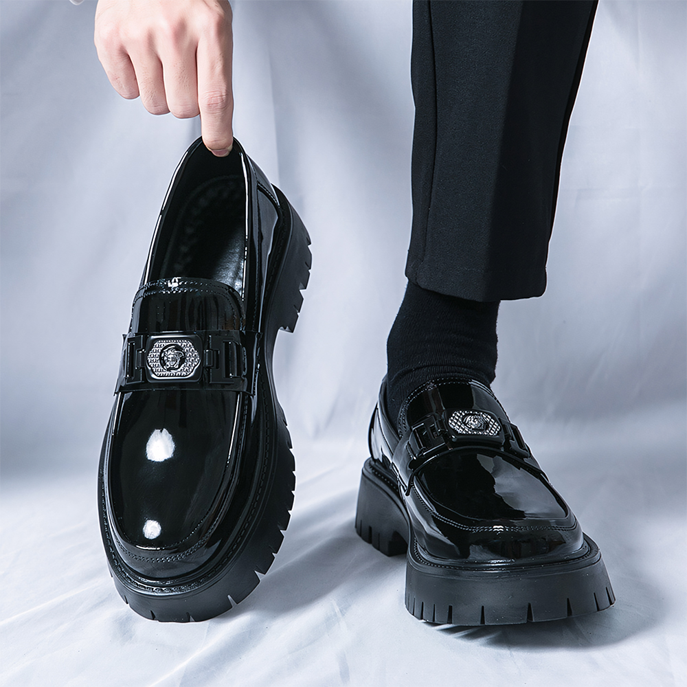 8806-Men's Platform Leather Shoes Classic Round Toe Business Casual Formal Handmade Leather Shoes