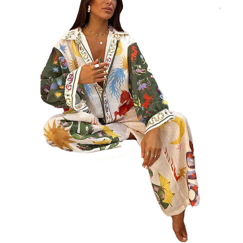 Spring Clothing Elegant New Casual Printed V-Neck Shirt Wide-Leg Pants Women's Set B5