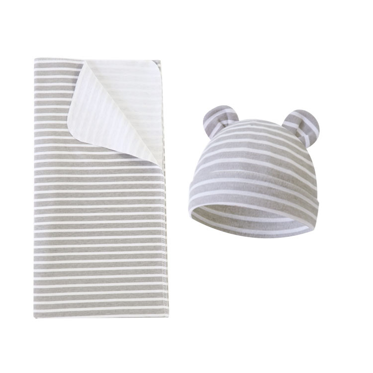 Wholesale Custom Knitted Bamboo Fiber High-Elasticity Baby Swaddle Wrap Set, Including Hat and Newborn Blanket
