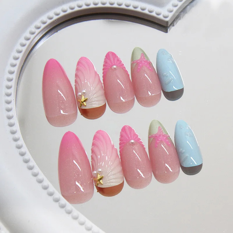 24pcs Hand-painted False Nails Summer Sea 3D Shell Starfish Fake Nail Tips Ins Gradient Pink Blue Color Almond Press On Nails 250625