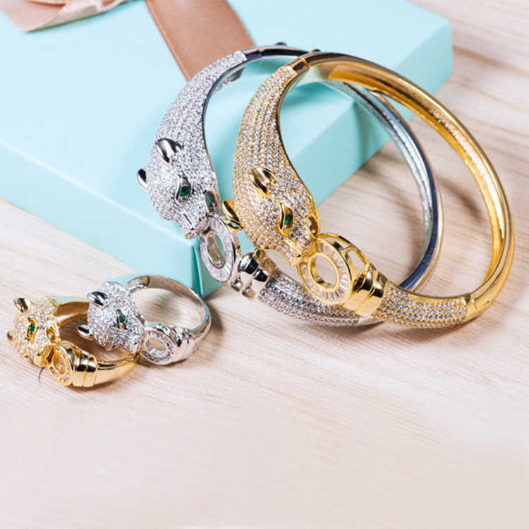 Classic brass gold plated leopard bracelet with zircon inlaid ring and jewelry bracelet 250615