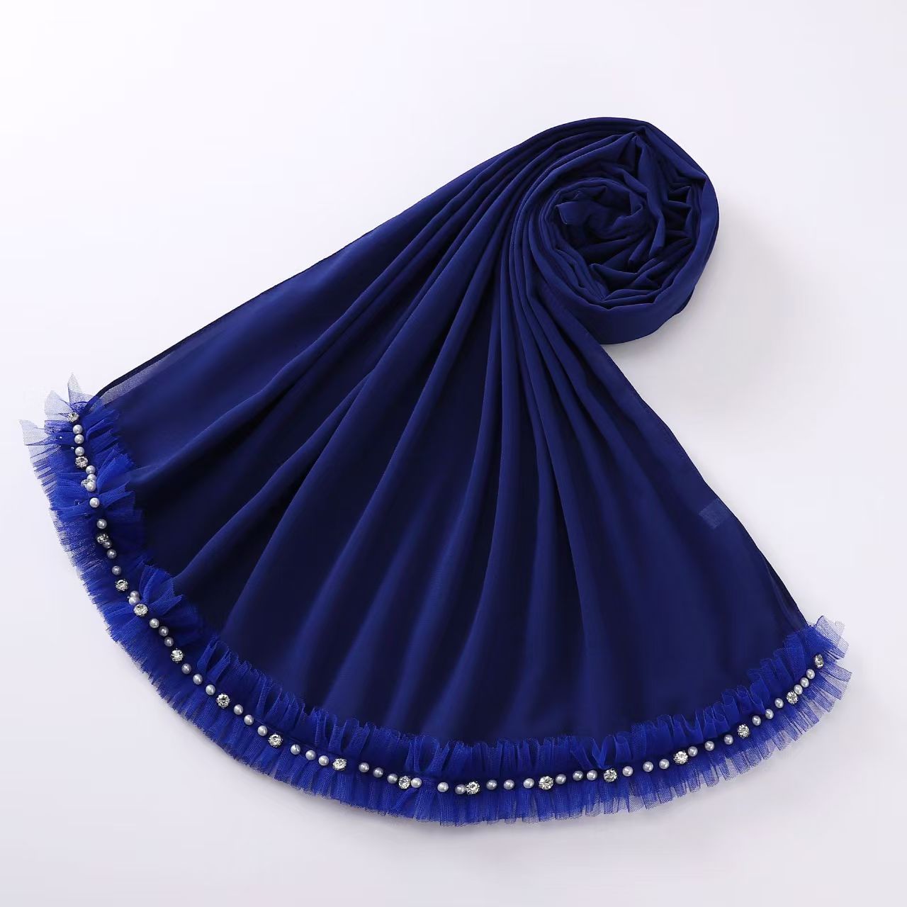 T1068 New Pearl Chiffon Pleated Lace Trim Diamond Scarf Hui Scarf Middle East Headscarf