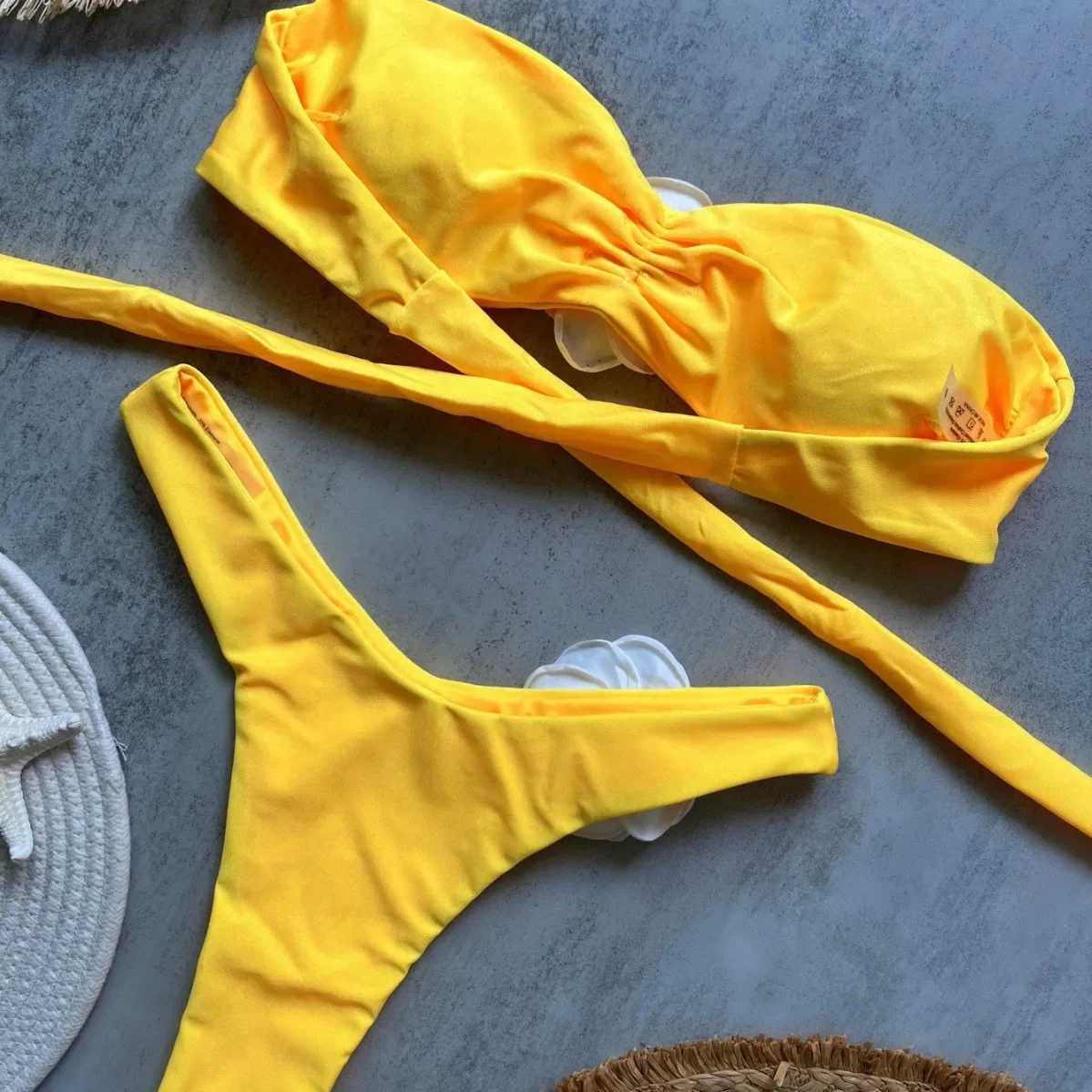 2025 yellow three-dimensional flower new solid color bikini sexy backless split swimsuit nylon bikiniXJ250624
