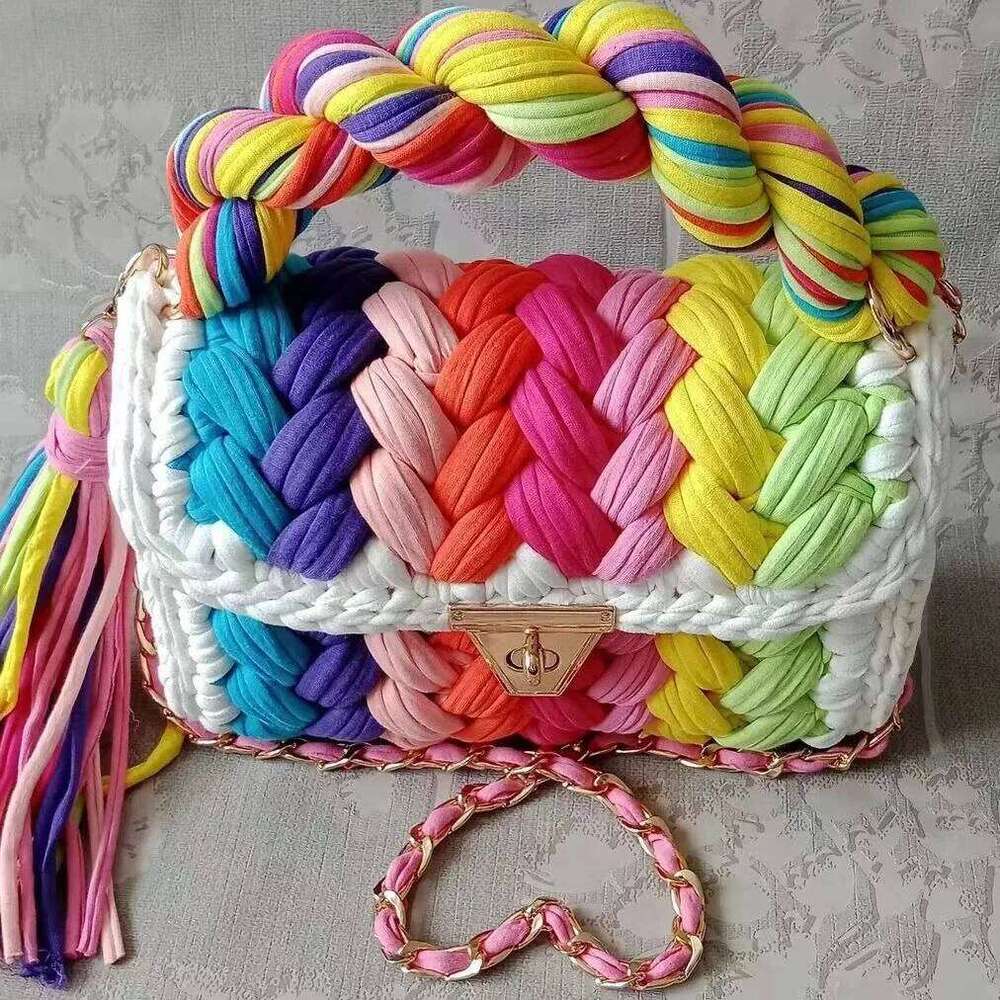 Lady Shoulder Handmade Crochet Woven Bag Fabric Strip Designer Handbag Purses For Women Tote Bags