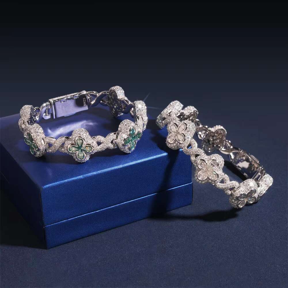 Hip Hop 925 Sliver Clover Shape Design Iced Out VVS Moissanite Diamond Cuban Link Chain Bracelet Jewelry for Mens