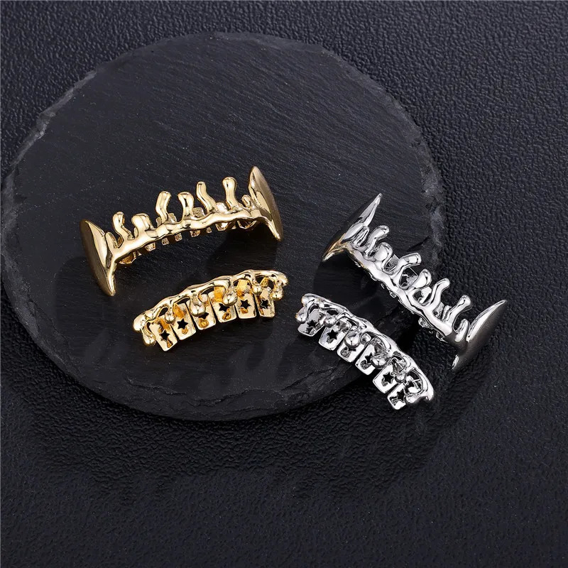 D Z Teeth Set For Unisex Top Bottom Mouth Gold Silver Color Teeth Grills Tooth Caps Removable Dental Fashion Jewelry 250606