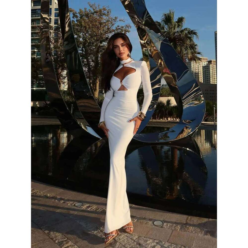 Cut Out Women V Neck Long Sleeve Casual Column Summer Sexy Turtleneck Party Midi Dress Gown