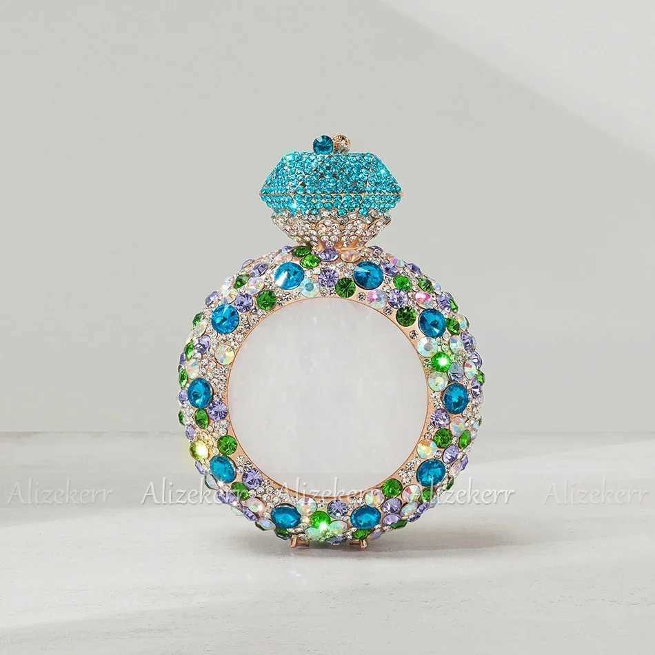 Alizekerr Perfume Bottle Shaped Crystal Evening Bags Women Gorgeous Classy Rhinestone Round Metal Clutch Purses Wedding Party M250625