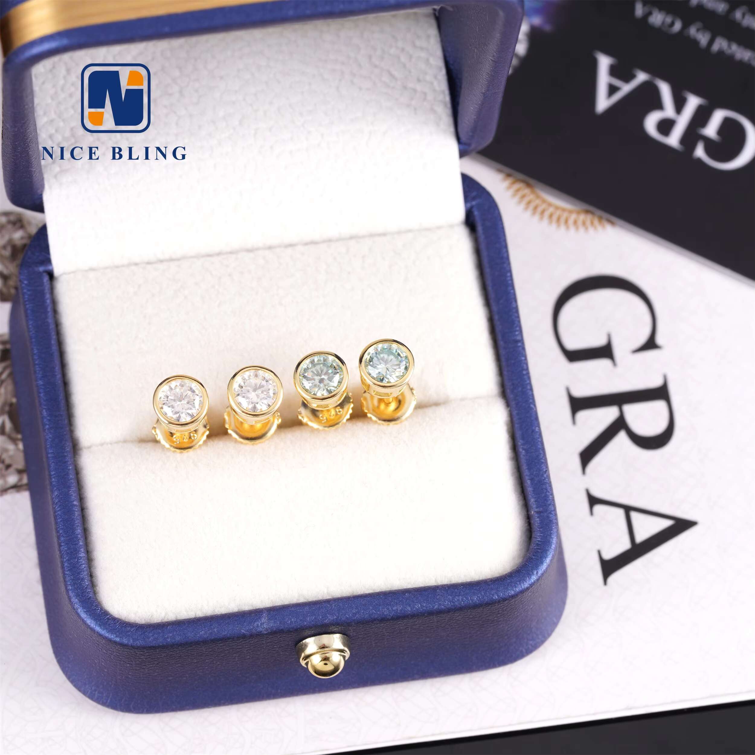 Bezel Setting Blue Green Moissanite Diamond Earrings 18K Gold Plated Silver Jewelry Hip Hop 6mm Ear Studs