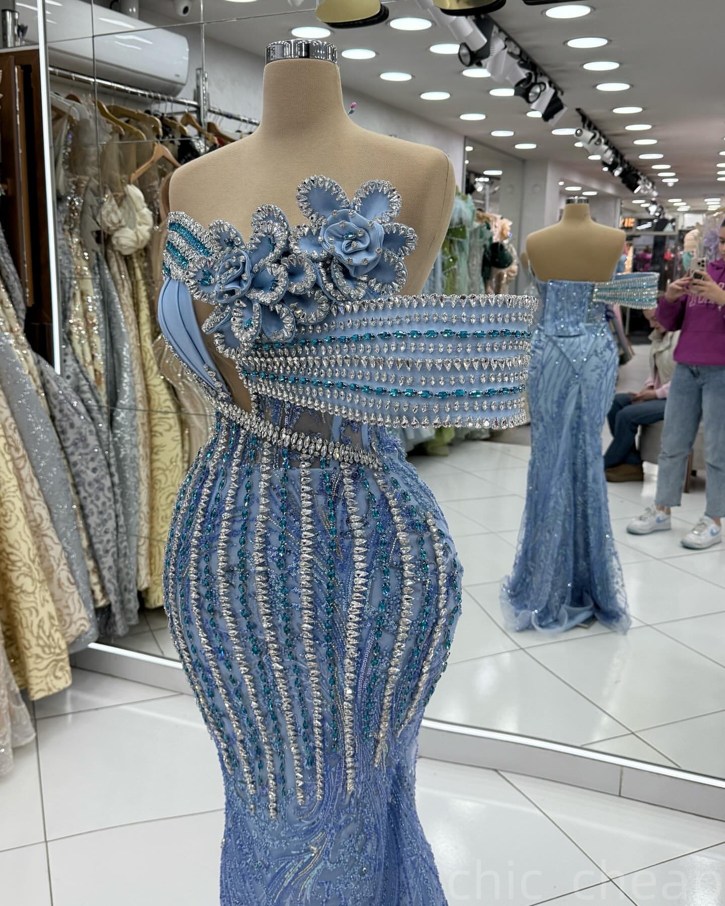 Sky Blue Mermaid Prom Dresses 2025 Flowers Crystals Luxurious Evening Formal Party Second Birthday Engagement Gowns Plus Size Dress For Special Occasi
