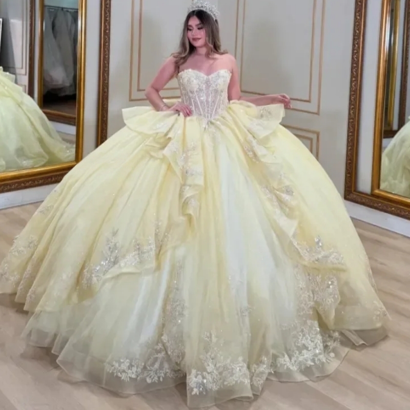 2025 Elegant Light Yellow Ball Gown Quinceanera Dresses Applique Lace Beads Birthday Party Vestidos De 15 Anos Sweet 16 Dress