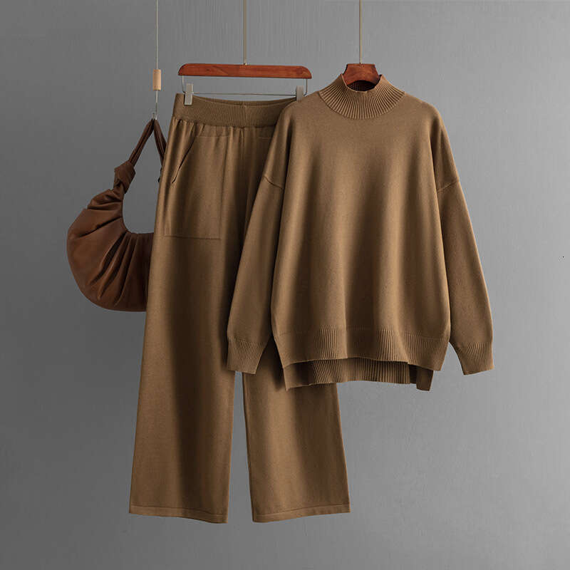 Solid Color Knitted Half Turtleneck Slit for Women 2024 Autumn Winter Fashion Casual Sweater Two-Piece Set