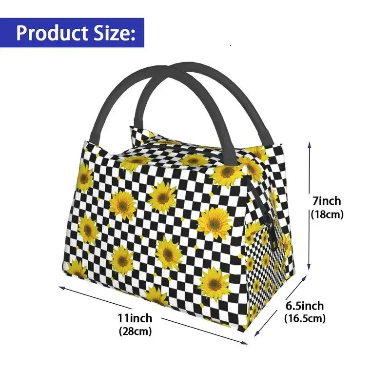 Sunflowers On Checkered Squares Insulated Lunch Bags for Women Beauty Floral Resuable Cooler Thermal Bento Box Hospital Office 250624