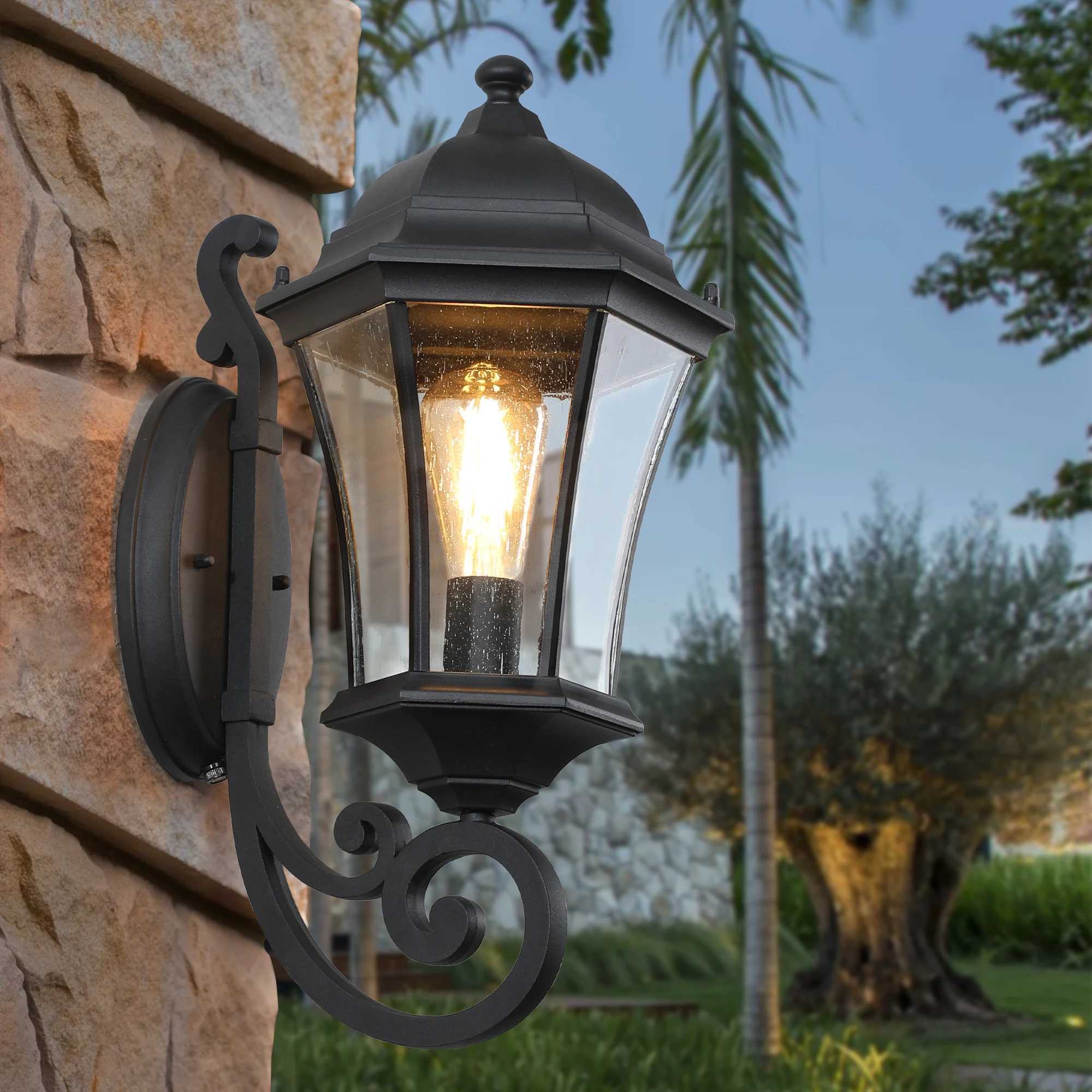 Outdoor Wall Lantern Black Finish Vintage Style Sconce with Clear Glass Panels Weather-Resistant Exterior Light FixtureXJ250624