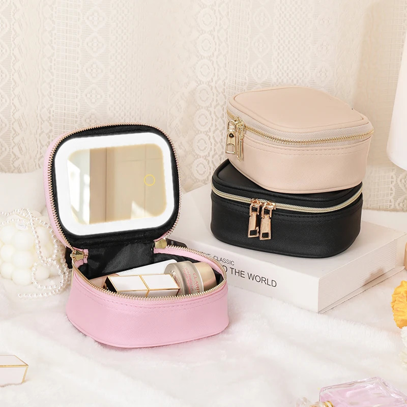 1 PC PU leather Makeup Bag - Portable travel odorless jewelry and makeup storage bag with led lights and detachable mirror 250625