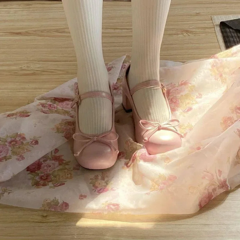Japanese Cute Women Ballet Shoes Lolita Round Toe Bowtie Mary Jane Shoes College Ladies High Heels Elegant Pumps Wedding Shoes 250624