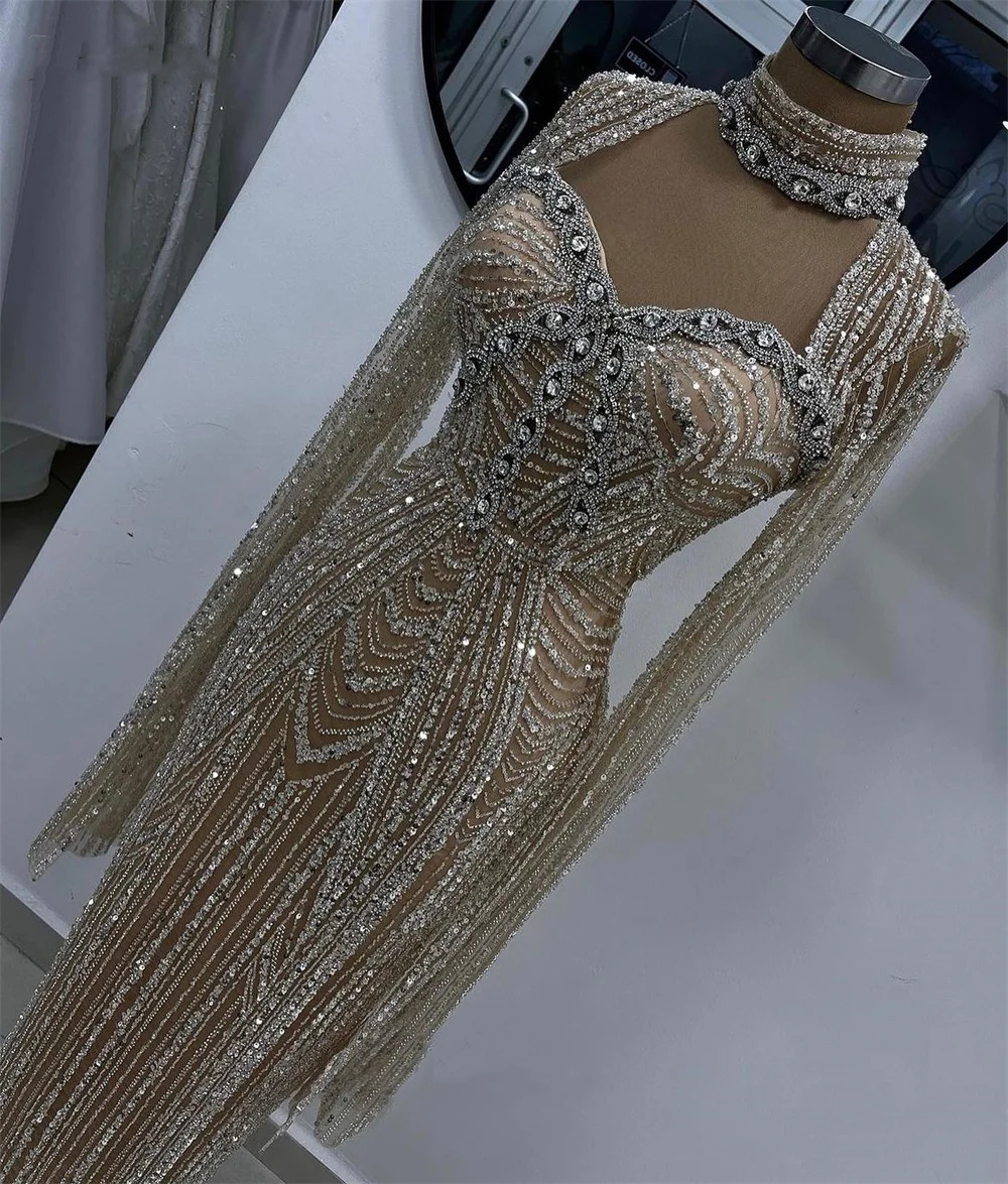 Fashion Wedding Dresses Sequins Crystal Bridal Gowns Mermaid Long Sleeves High Neck Slim Customized Bride Vestidos De Novia Plus Size