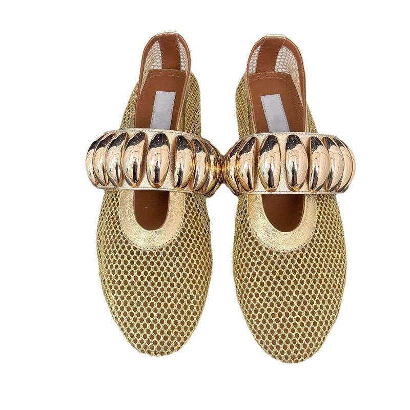 Metal Buckle Mesh Mary Jane for Women 2024 Summer New Fashionable Flat Comfortable Ballet Dance Shoes