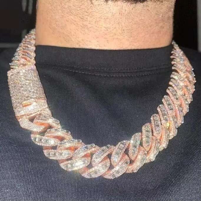 Luxury Rappers 20MM Iced Out Rose Gold Chain Emerald Cut Moissanite Cuban Link Chain Hip Hop Diamond Cuban Chain for Men