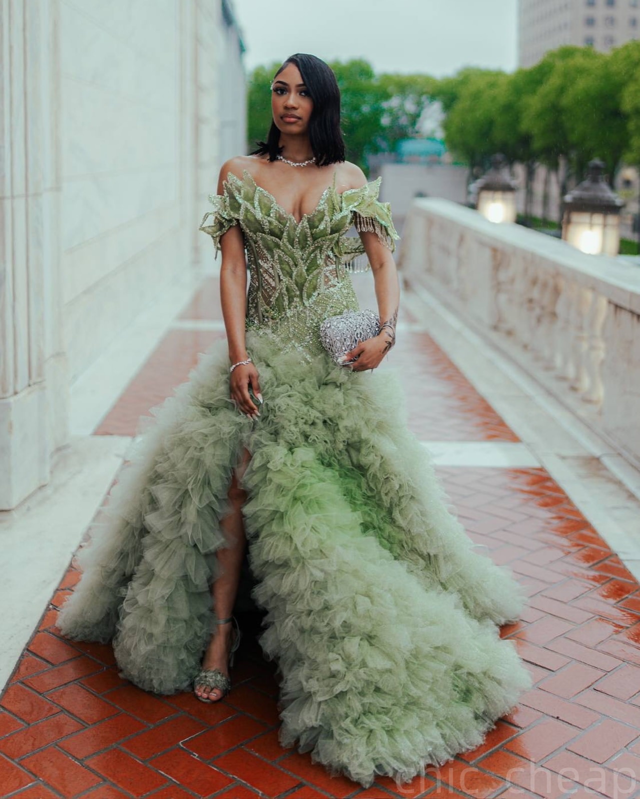 Sage Mermaid Prom Dresses 2025 Rhinestones Florals Tiers Tulle Evening Formal Party Second Birthday Engagement Gowns Plus Size Dress For Special Occas