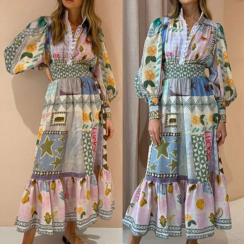 New Women's Lantern Printed Long Sleeve Pleated Dress B5