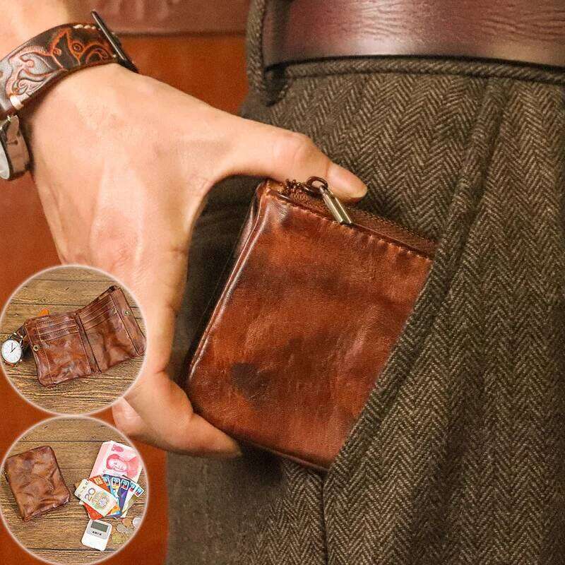 Vegetable Tanned Head Layer Cowhide Purse Men's Hand-rubbed Color Genuine Leather Retro Casual Short Billfold
