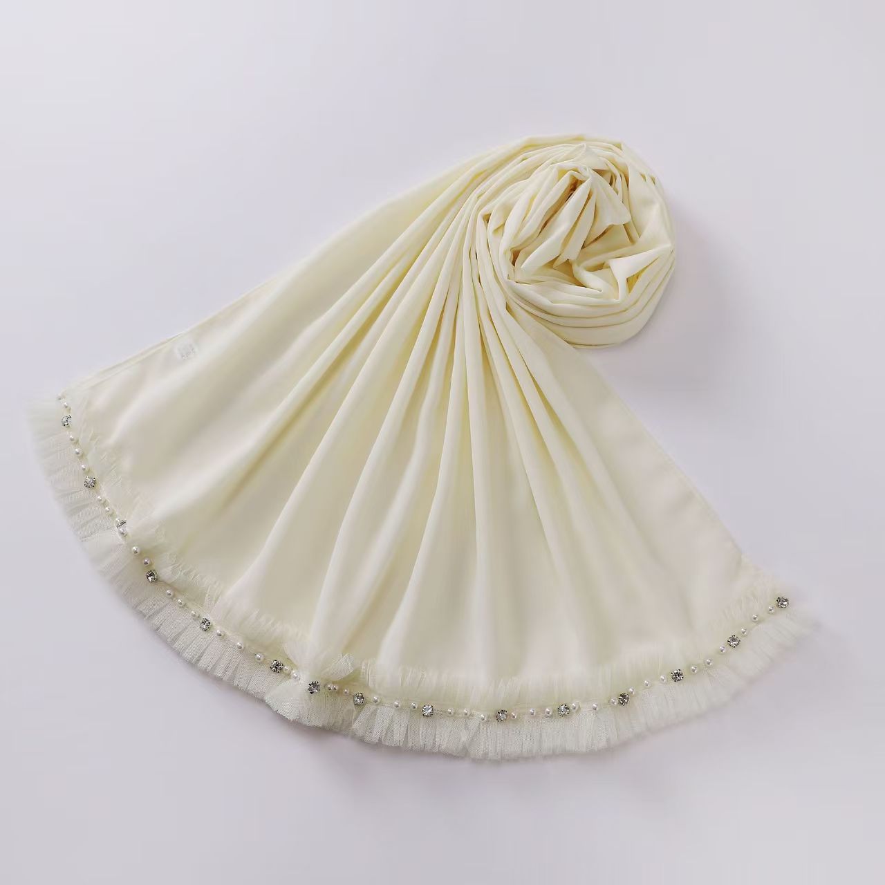 T1068 New Pearl Chiffon Pleated Lace Trim Diamond Scarf Hui Scarf Middle East Headscarf