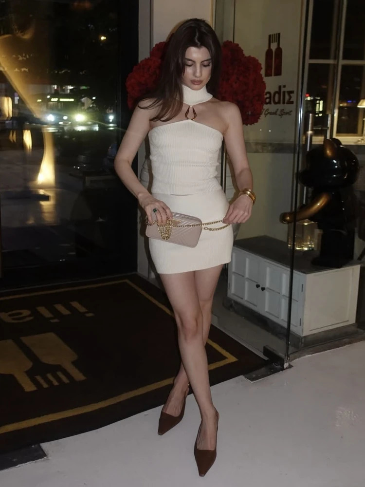 Summer White Sexy Cut Out Knitted Skirts Two Piece Set Cropped Tank Tops and Mini Holidays Party Dress Sets 2025 250614