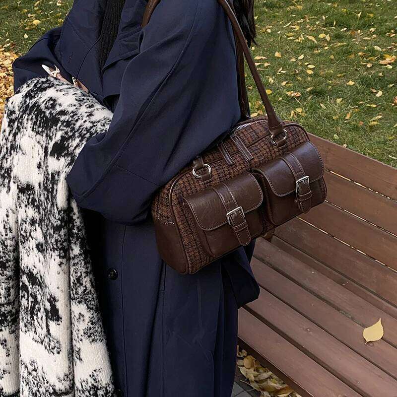 Ladies Plaid Brown Handbag Leather Splicing Women Tote Multi Pocket Commuter Underarm Purse Vintage Locomotive Shoulder Bag