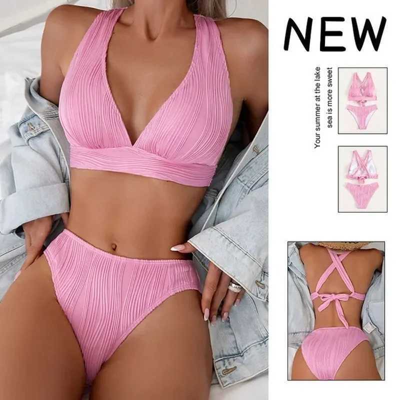 Triangle Bikini Set for Women 2024 V Neck Halter Tie Back Summer Bathing Suit High Waisted Summer Two Piece Swimsuit XJ250624