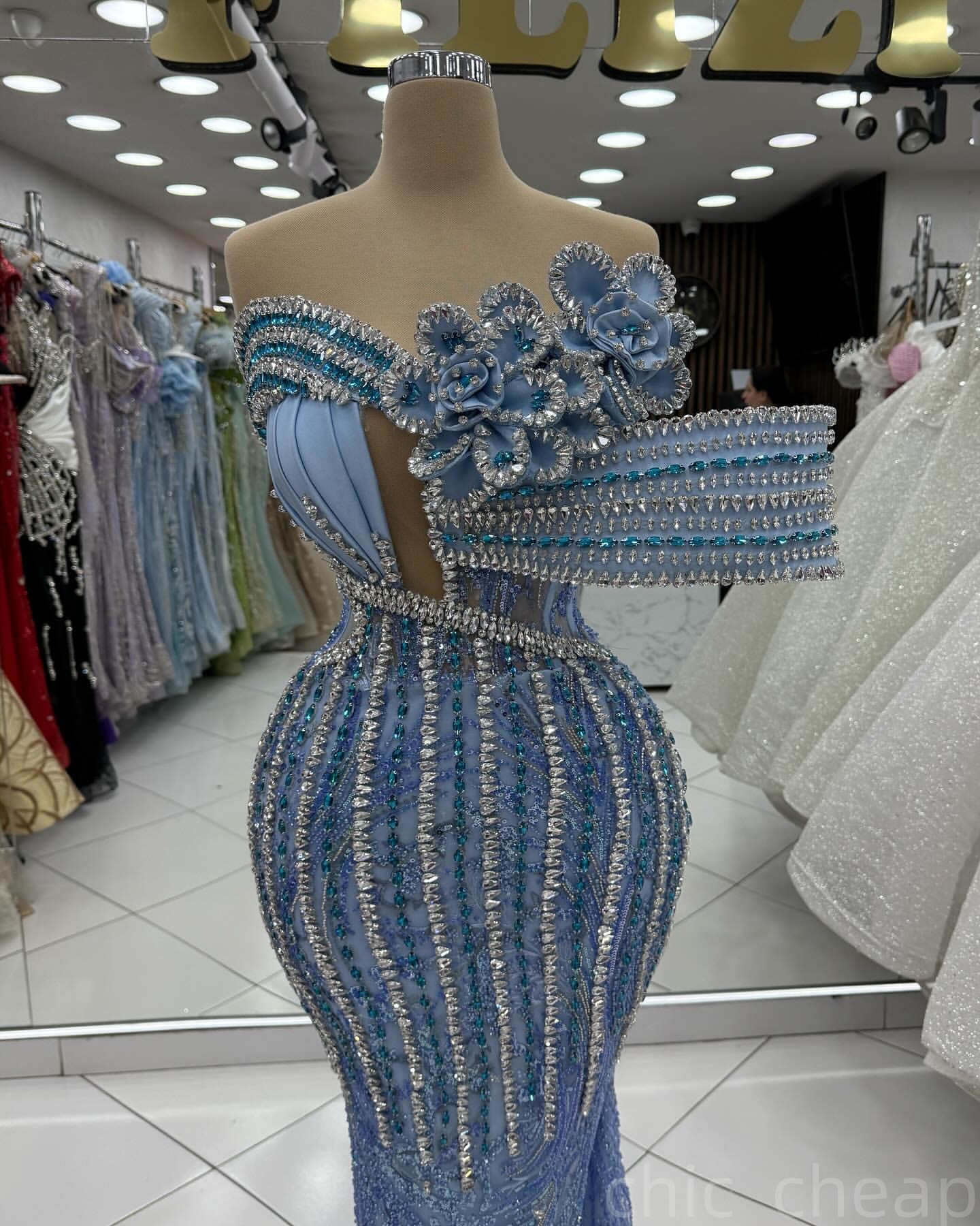 Sky Blue Mermaid Prom Dresses 2025 Flowers Crystals Luxurious Evening Formal Party Second Birthday Engagement Gowns Plus Size Dress For Special Occasi