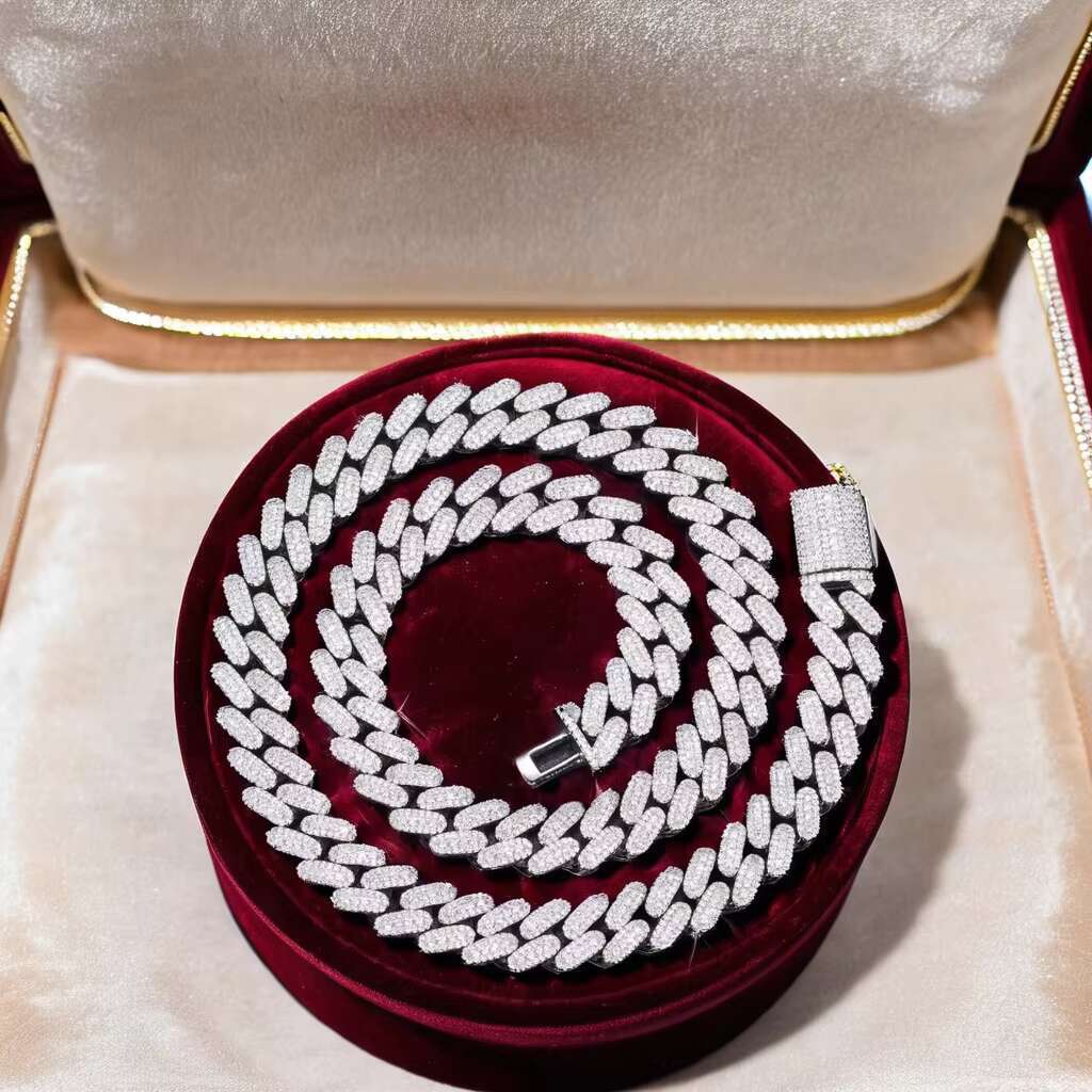 Moissanite Jewelry 925 Sterling Silver 10k/14k/18K Gold Plating Necklace Moissanite 2 Rows Prong Iced Out VVS Cuban Link Chain