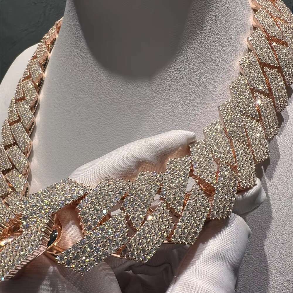 Shining 18K Gold Plated Sterling Silver 24mm 4 Rows Iced Cuban Link Chain Necklace Moissanite