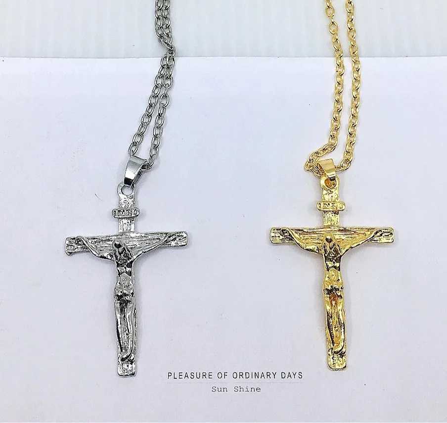 Fashion Crucifix Jesus Christ Men Jewelry Gold Brown Silver Color Metal Cross Pendant With Neck Chain Necklaces For Women V250625