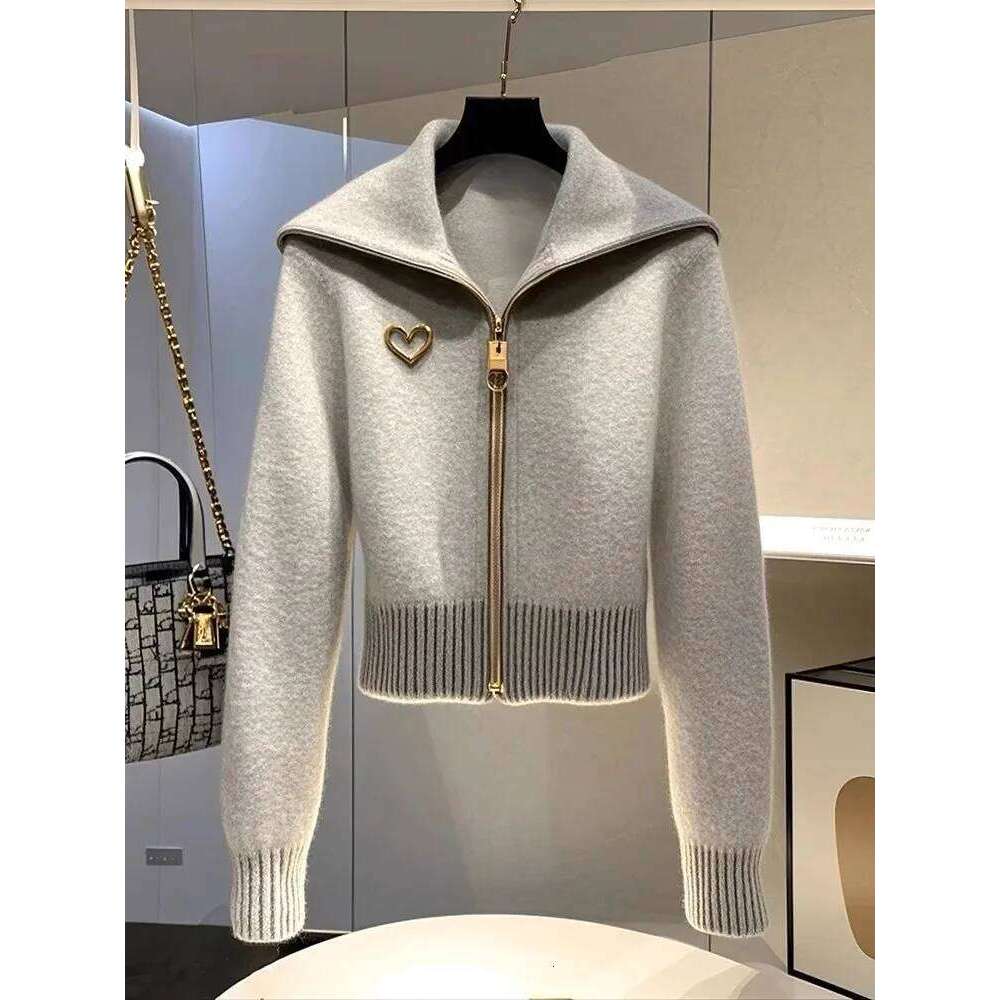 Korean Chic Gray Lapel Zipper Knitted Sweater Cardigan Women's Jacket 2025 Autumn Winter New Long Sleeve Versatile Knitwear Tops
